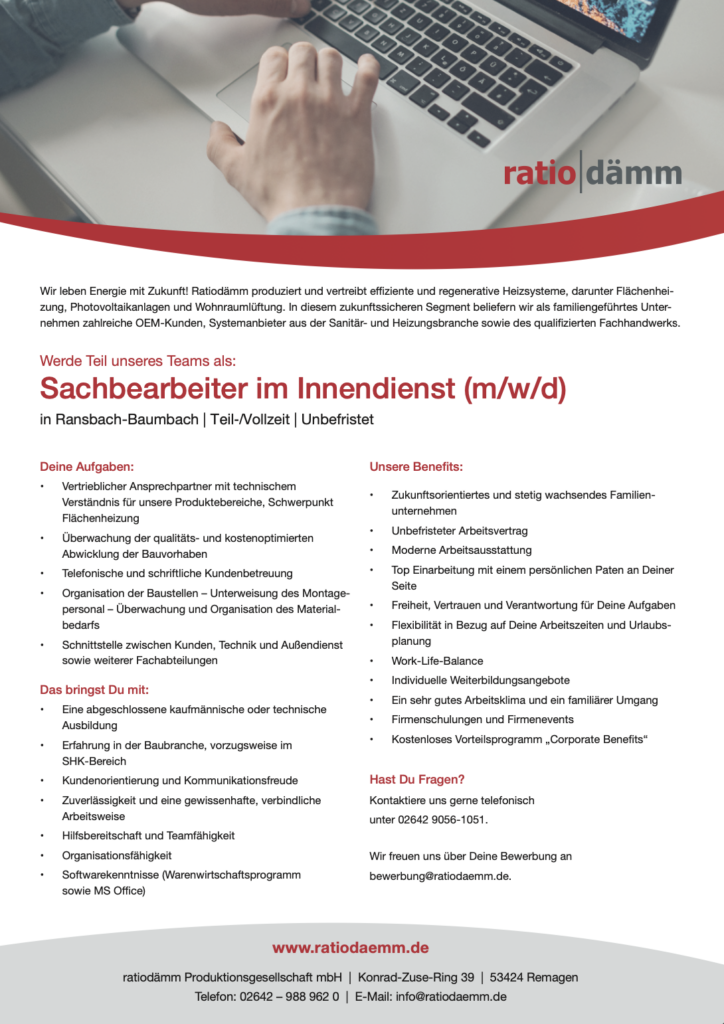 Cover-Bild: ratiodämm Stellenanzeige für einen Sachbearbeiter im Innendienst, Bereich Flächenheizung, PV, KWL und Wärmepumpen